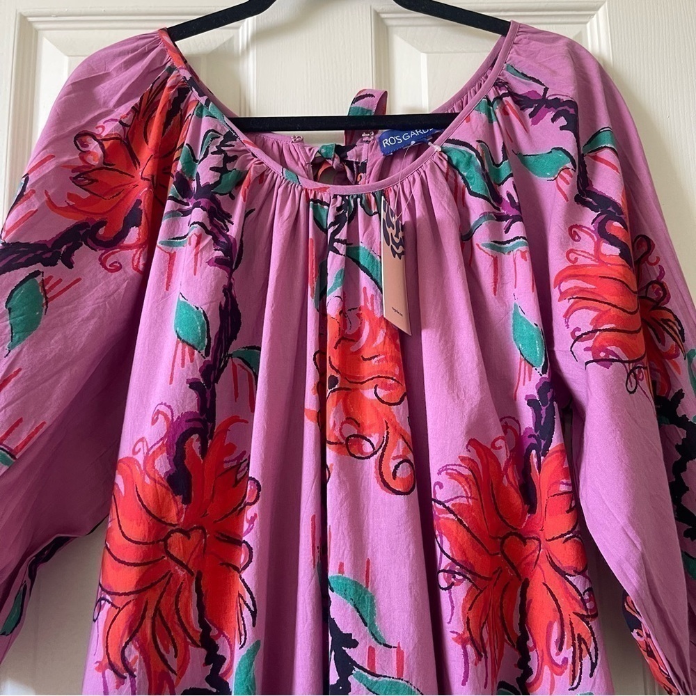 Ro’s Garden Vera Pink Floral Puff Sleeve Mini Dress Tie Waist Ruffle Hem Size M - Picture 6 of 16